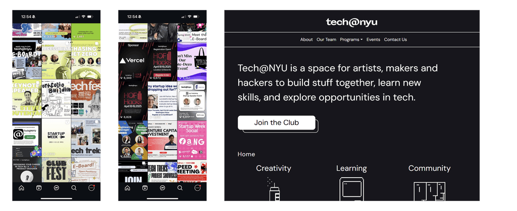 The old Instagram grid beside the old tech@nyu homepage